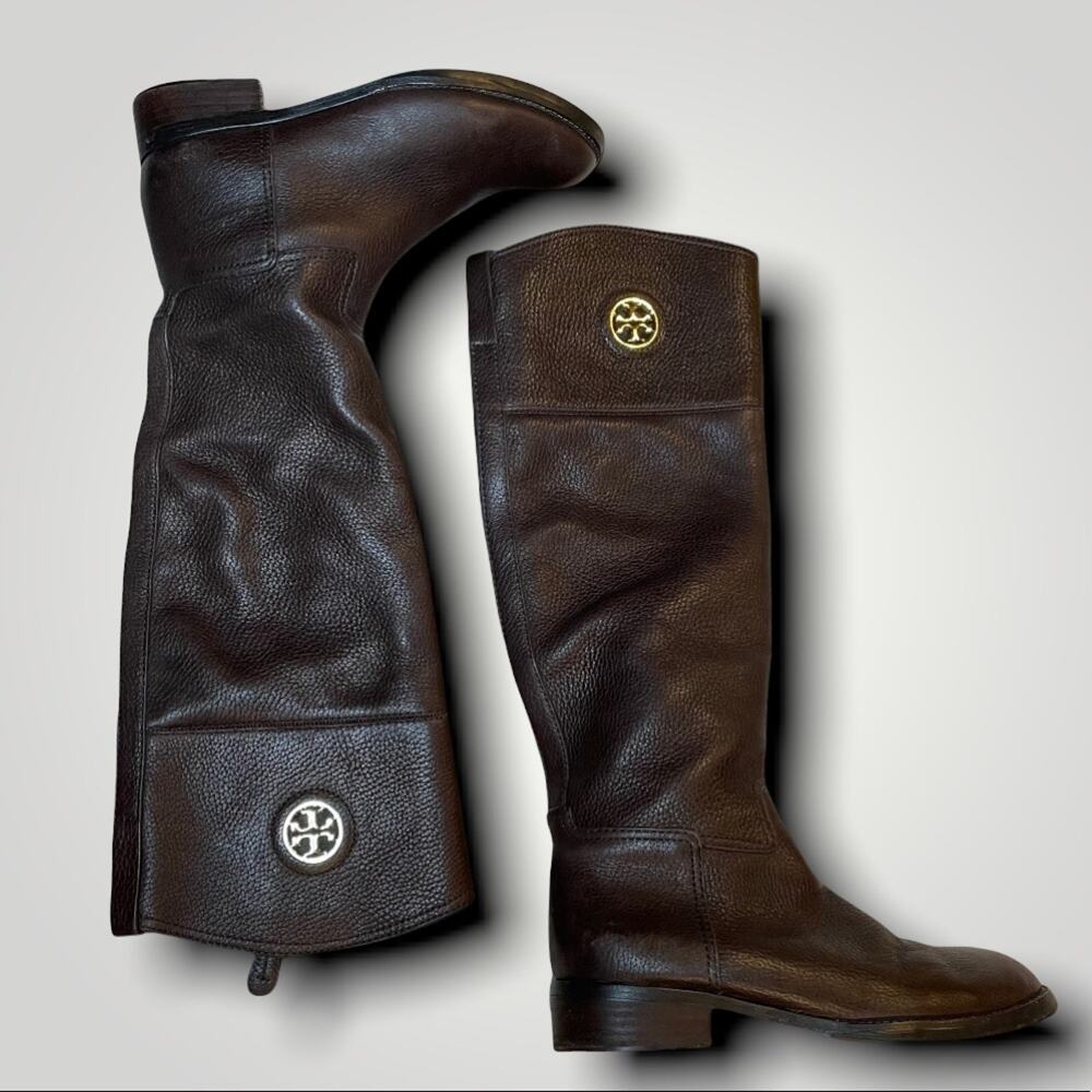 TORY BURCH EQUESTRIAN LEATHER LOGO KNEE HIGH RIDING BOOT DARK BROWN - 6
